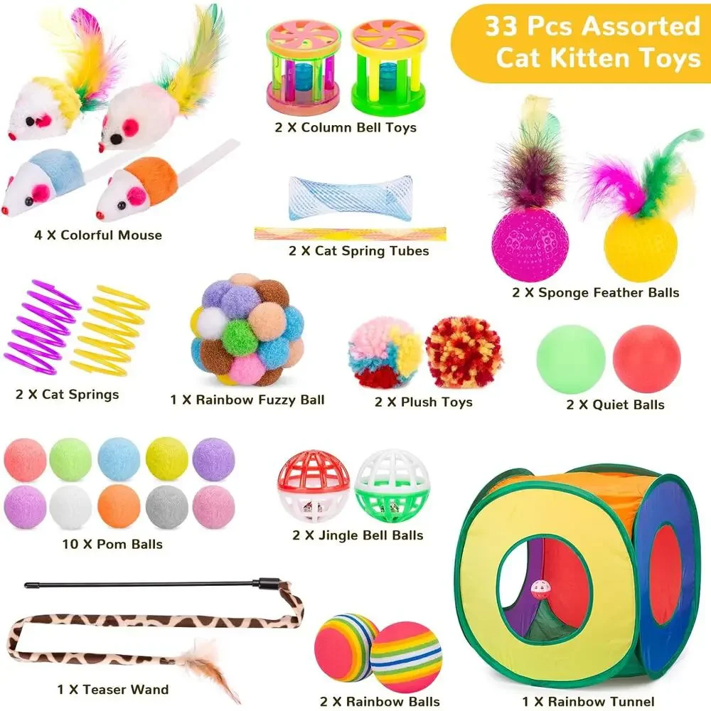 33PCS Cat Toys Set with Tunnel, Interactive Kit Balls Mice Wand Kitten Play